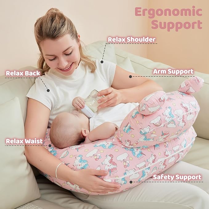Nursing Pillow for Breastfeeding, Breast Feeding Pillow for Mom Support, Adjustable Waist Strap and Removable Cotton Cover, Unicorn