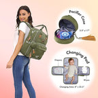 Dikaslon Diaper Bag Backpack with Portable Changing Pad, Pacifier Case and Stroller Straps, Large Unisex Baby Bags for Boys Girls, Multipurpose Travel Back Pack Moms Dads, Green