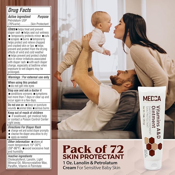 MEDca Vitamin A & D Diaper Rash Ointment- Protectant Cream For Sensitive Baby Skin - Lanolin & Petrolatum Formula, Dry-Cracked Hands/Feet/Face Skin, 1oz Tube, Bulk Case of 72