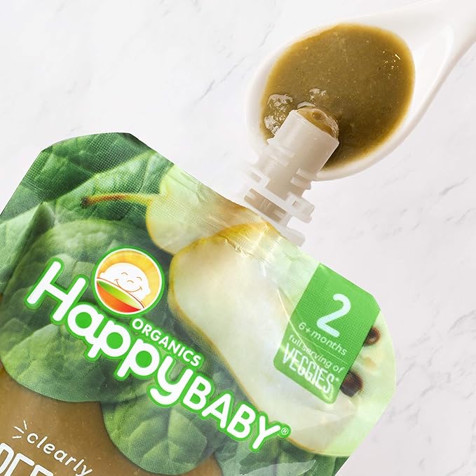Happy Baby Organics Stage 2 Baby Food Pouches, Gluten Free, Vegan & Healthy Snack, Clearly Crafted Fruit & Veggie Puree, Green Beans, Pears & Spinach, 4 Ounces (Pack of 16)
