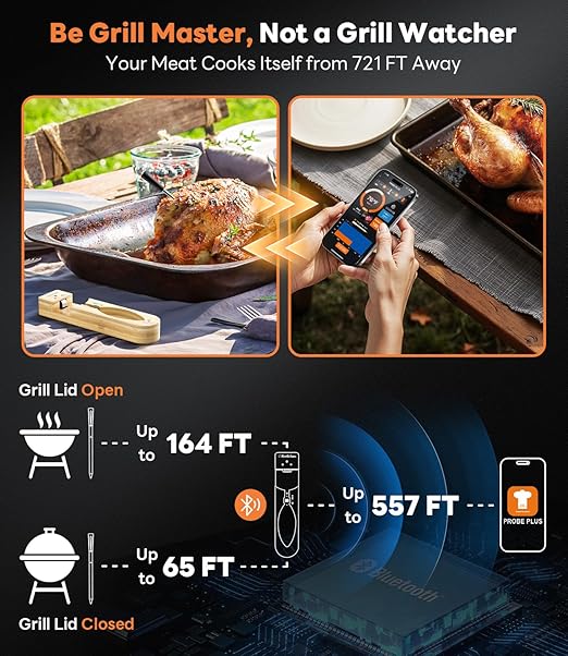 Wireless Meat Thermometer – Stable Bluetooth Smart Probe with ±1.8℉ Accuracy, 0.5s Fast Response & Long-Lasting Battery, IP67 Waterproof, App Controlled for Grill, Oven, Air Fryer