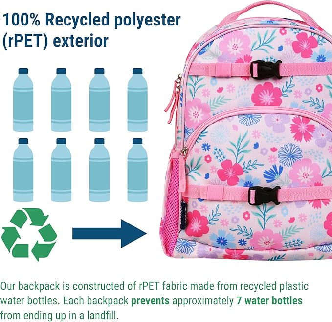 Wildkin ECO rPET 15-inch Kids Backpack – Sustainable, Padded, Adjustable – Pink Floral