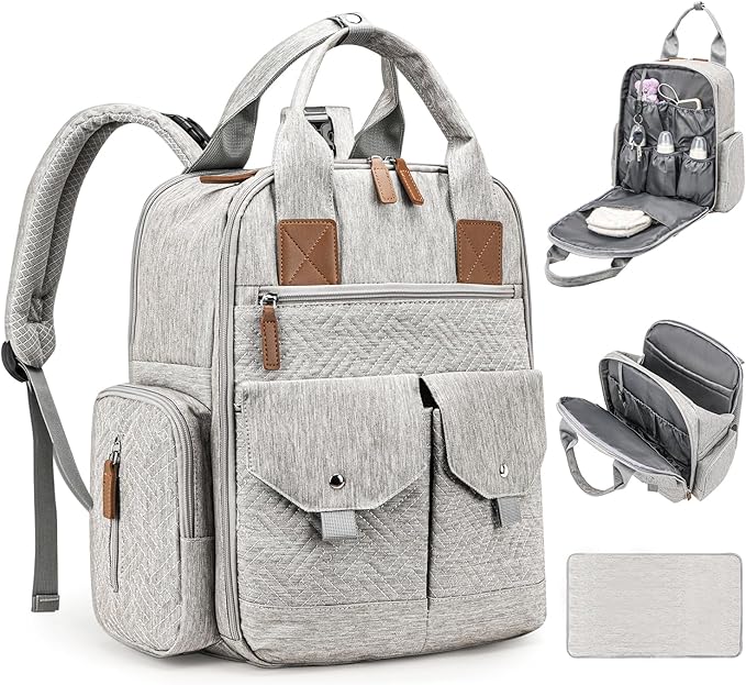 Diaper Bag Backpack - Large Diaper Bag with Portable Changing Pad as Baby Shower Gifts, Lightweight Waterproof Unisex Travel Baby Bag with 4 Insulated Pockets and Stroller Buckles, Light Grey