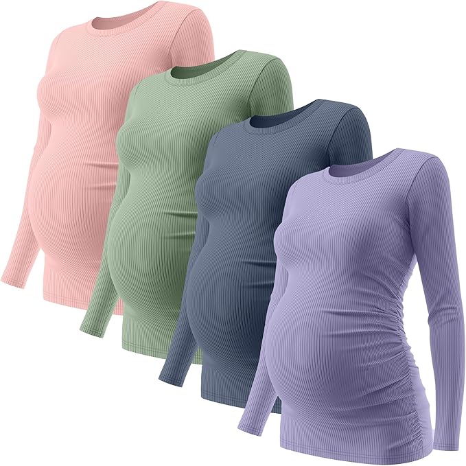 Ficerd 4 Pack Women's Maternity Shirts Cotton Long Sleeve Ribbed Crew Neck Pregnancy Tops Side Ruched Casual Mama Clothes