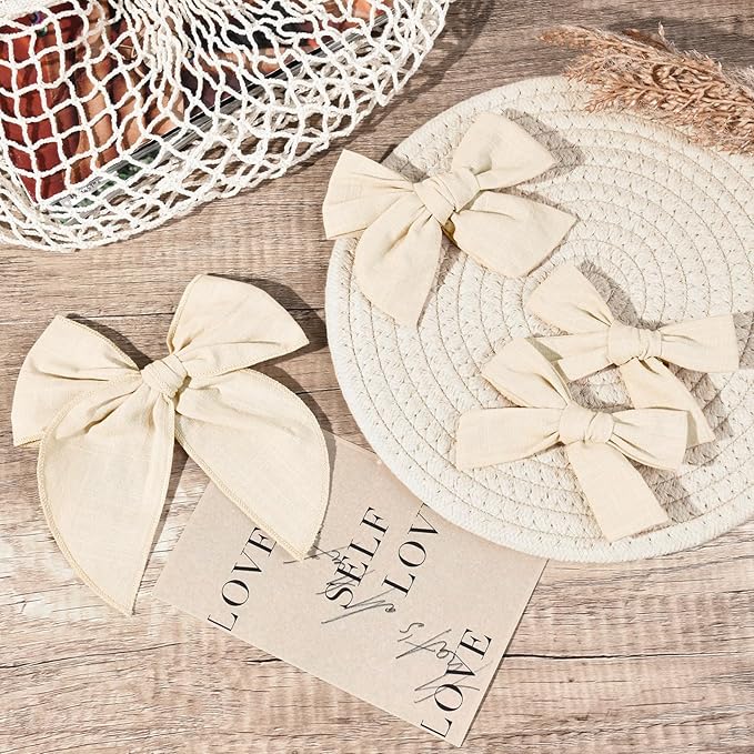 DEEKA 4 PCS Beige Cotton Linen Hair Bows 3 Styles 5" & 4" Handmade Hair Bow set for Toddler Girls Alligator Hair Clips Knot Bows Hair Accessories for Little School Girls (Beige)
