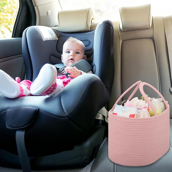 COMSE Large Baby Diaper Caddy Organizer for Girl Boy, Car Caddy with Handles, Cotton Rope Basket for Changing Table, Nursery Organizer, Gift for Baby Shower and Registry Must Have, Dusty Pink