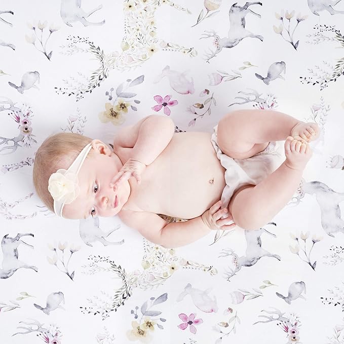 Oilo Crib Sheet, Breathable, Fitted, Turkish Cotton Jersey, 300 Thread Count, Machine Washable, Fits Standard Crib (28" x 52" x 6"), Toddler Bedding, Girl, Boy, & Neutral Nursery Design, Woodland Fawn