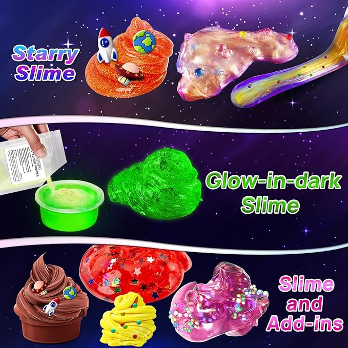 Metallic Slime Kit for Girls, Glimmer Crunchy, Galaxy Slime Making Kit for Girls Boys 6-12, Glow in The Dark DIY Slime Kit with Add-ins, Foam Balls, Charms, Glitters, Party Favors Gift Toys for Kids
