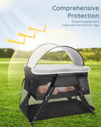 Lilian&Gema 2-in-1 Travel Crib, Portable Crib with Backpack, Lightweight Baby Travel Playpen, Foldable Play Yard with Thick Mattress for Babies & Toddlers, Baby Travel Essential