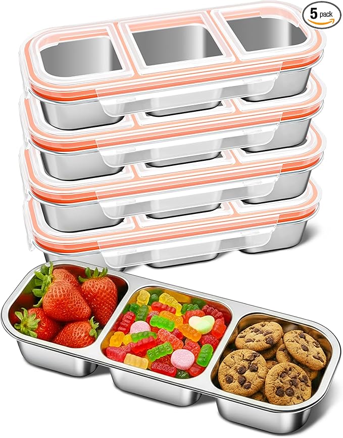 QCQHDU Snack Containers, Reusable Stainless Steel 3 Compartment Condiment Metal Bento Lunch Box with Lids, Divided Snack Food Storage Lunchable Containers for Home, Work, Travel, Camping, 5 Pack