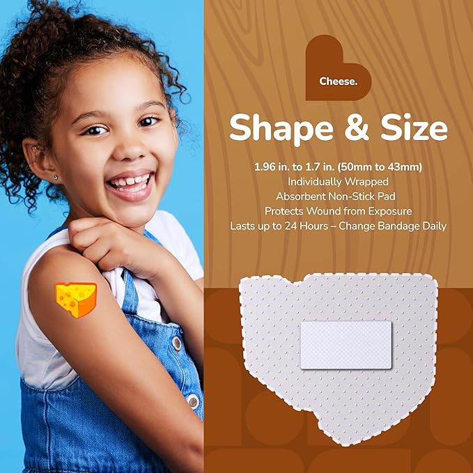 BioSwiss Bandages, Cheese Shaped Self Adhesive Bandage, Latex Free Wound Care, Fun First Aid Kit Supplies for Kids and Adults, 50 Count