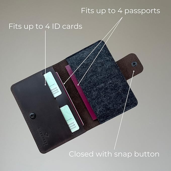 Passport Holder Compatible with AirTag Family Passport Holder Wallet for 2, 3, 4 Made from Premium Full Grain Leather and Wool Felt Brown Color. CITYSHEEP