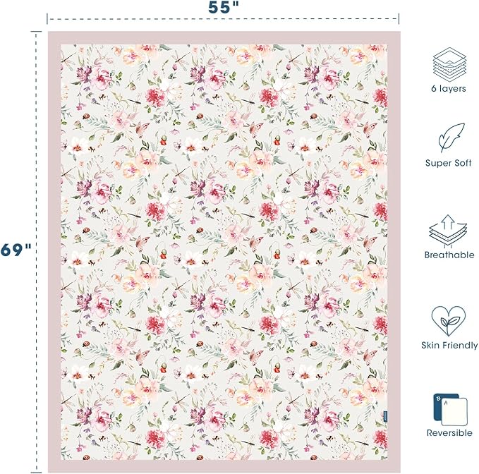 GRSSDER Cotton Muslin Quilt Blanket - Silky Soft and Breathable Kids' Throw Blanket, Oversized Muslin Blankets for Newborns, Toddlers & Kids, 6 Layers Reversible Design for All Seasons, 55" x 69"