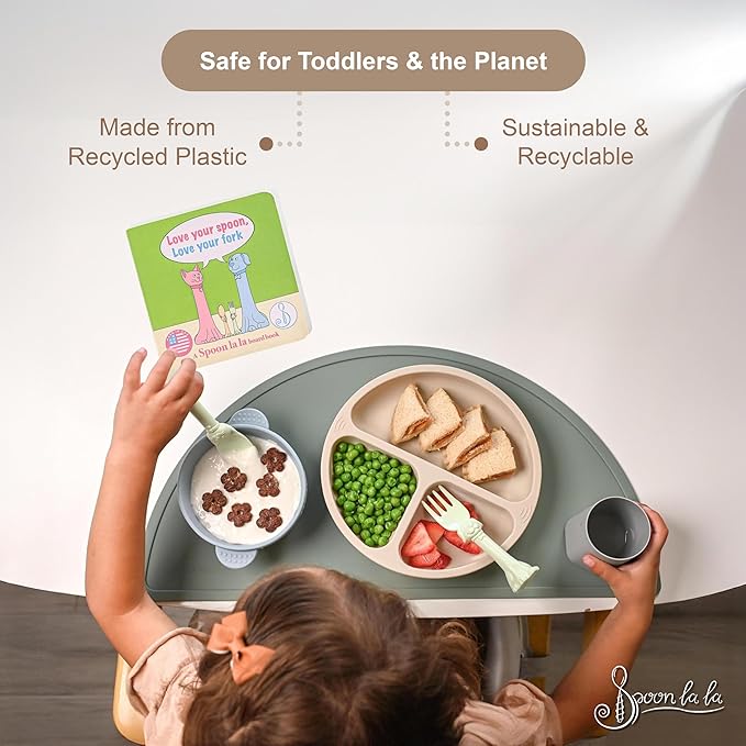 Made in USA Spoon la la Toddler Utensils Set - 6 Pack (3 Spoons & 3 Forks for Kids) - Self-Standing 3D Ergonomic Cat & Dog Handles - BPA-free, Dishwasher Safe, Baby Silverware (Blue, Pink, Mint)