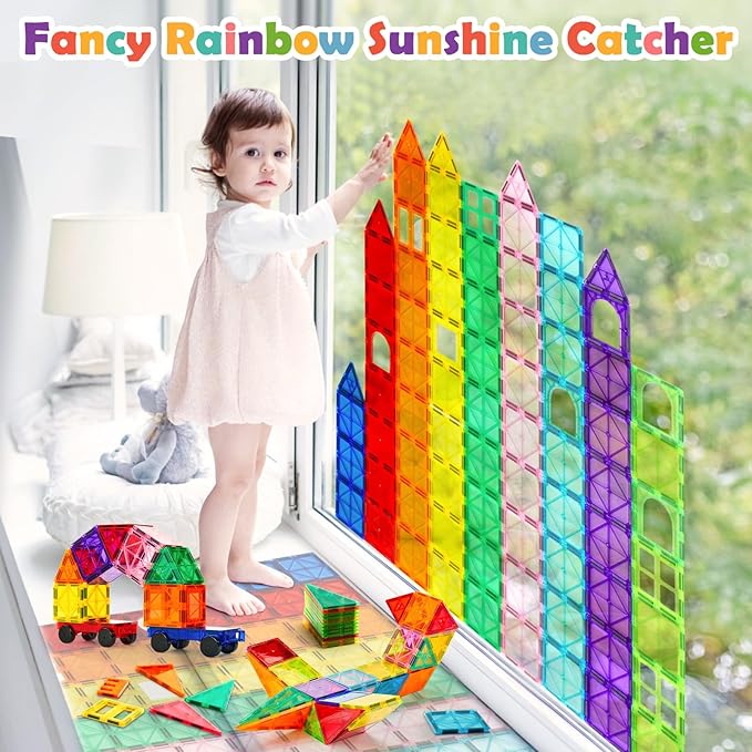 132 PCS Magnetic Tiles Building Blocks with 2 Cars, STEM Educational Construction Montessori Toys for Kids Ages 3 4 5 6 7 8 9, Magnet Building Set Gift for Boys Girls