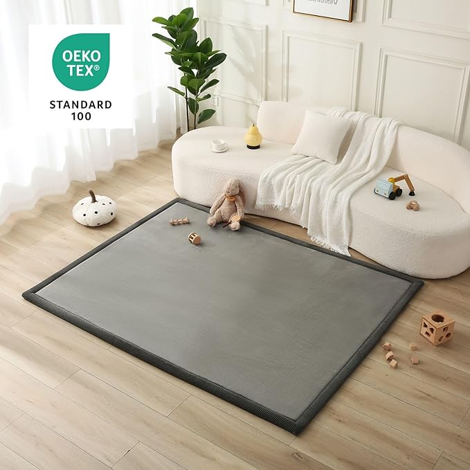 Premium Baby Playmat for Floor 60" x 80" Dark Gray – Cloudsoft Coral Velvet Memory Foam Rug for Crawling – Non-Slip, Water-Resistant, Non-Toxic, Easy-Care Muscle Mat – Thick Play Mat for Baby