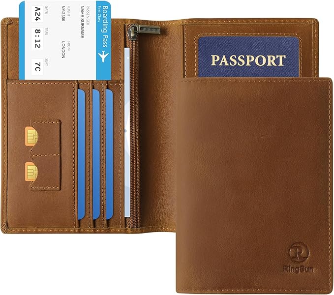 Ringsun Leather Passport Cover for Men Women, RFID Passport Wallet Case Travel Passport Holder for Family