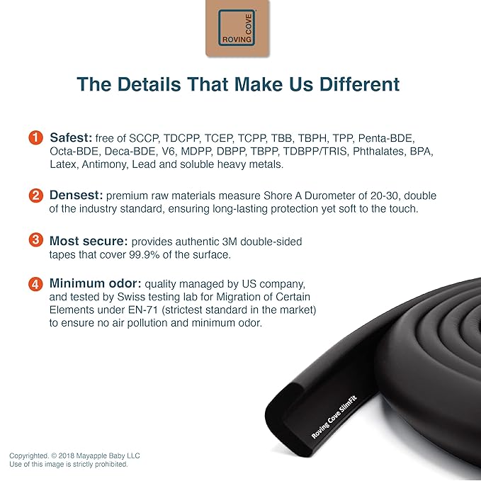 Roving Cove Slim-Fit Edge Protector for Baby Proofing (9ft Small Edge Only), Soft Rubber Foam, Furniture Edge Bumper Guard, Desk Edge Cushion, 3M Adhesive, Onyx Black