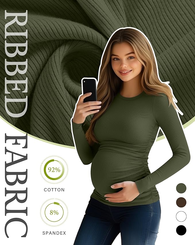Ficerd 4 Pack Women's Maternity Shirts Cotton Long Sleeve Ribbed Crew Neck Pregnancy Tops Side Ruched Casual Mama Clothes