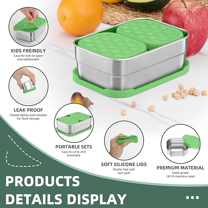 HaWare Stainless Steel Lunch Box Containers for Kids, Leak Proof Food Storage Containers with Green Silicone Lids, Easy Open Bento Box for School and Daycare, Portable Metal Snack Box (8oz*2+25oz)