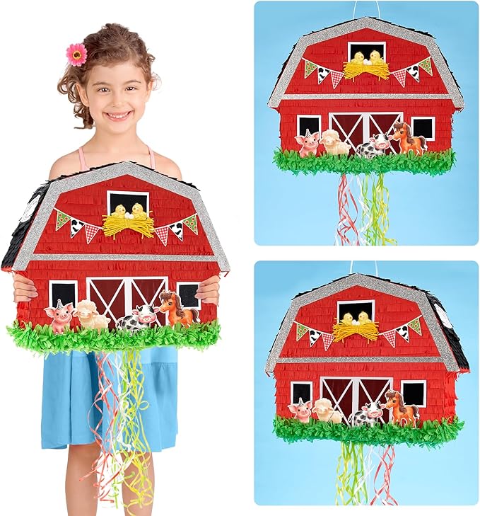 WERNNSAI Red Farm Animal Piñata - Farm Baby Shower Decorations Animal Pinata Party Game for Kids Birthday Celebrations Milk Farm Party Favor Supply with Bat Blindfold