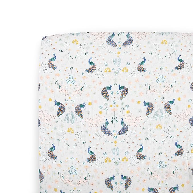 Little Unicorn Premium Crib Sheet | Breathable & Super-Soft Muslin Fabric (Peacock)