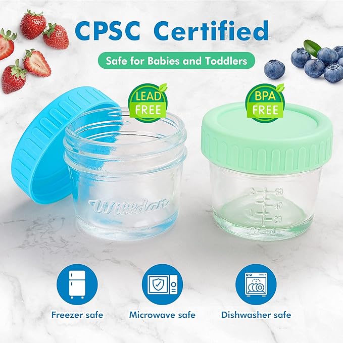WILLDAN Glass Baby Food Storage Jars w/Lids (4 oz, 6 Pack Set) Snack, Puree, Reusable Small Containers, Breast Milk, Fridge or Freezer, Microwave & Dishwasher Safe, Essential Must Have for Infants