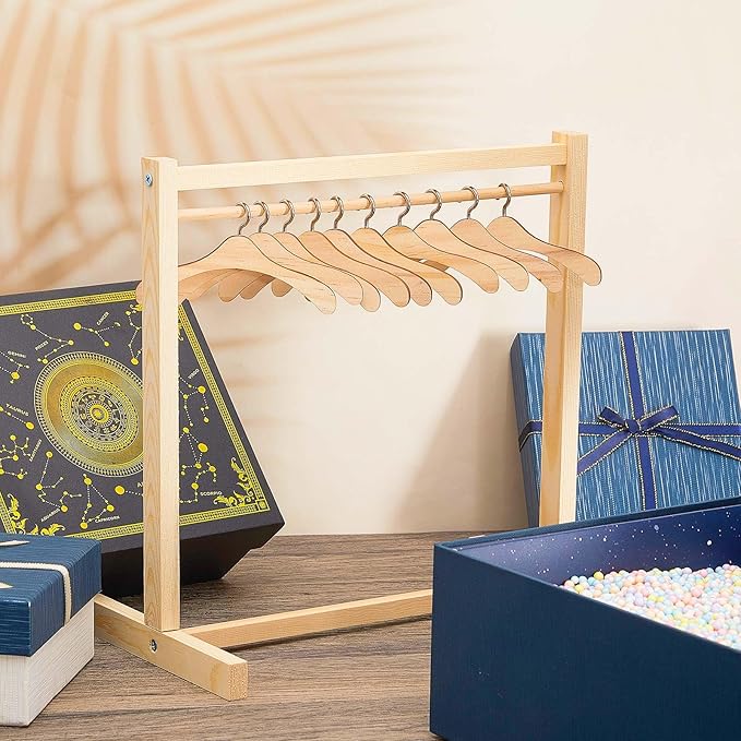 Civaner 11 Pcs Doll Garment Rack with Wooden Clothes Hanger for 18 Inch Girl Doll Clothes Mini Hangers Wardrobe Furniture Accessories for Dollhouse Baby Shower Supplies (Wood)