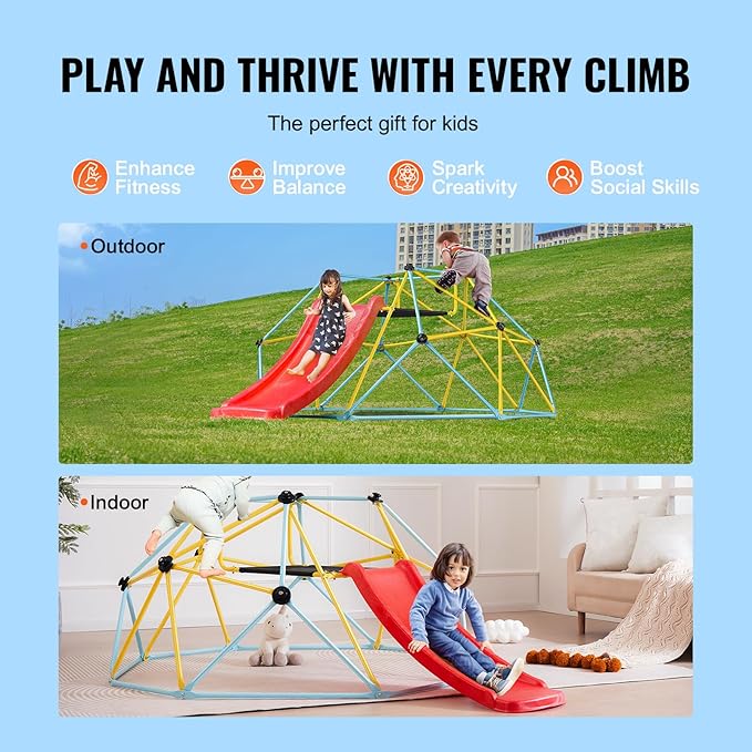 VEVOR Climbing Dome, 8FT Geometric Dome Climber with Slide, Jungle Gym Supports 600LBS and Easy Assembly for Kids 3 to 9 Years Old, with Climbing Grip, Outdoor and Indoor Play Equipment for Kids