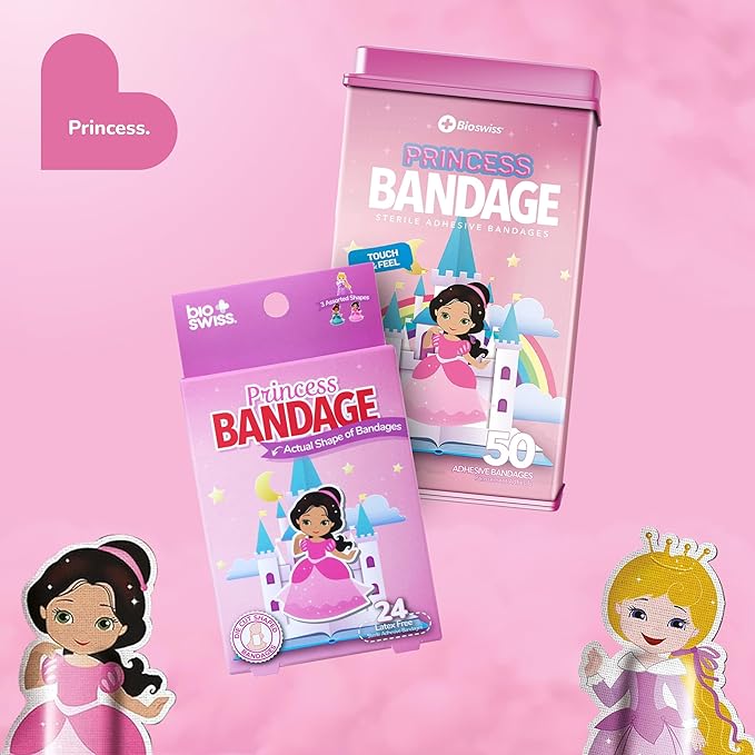 BioSwiss Bandages, Princess Shaped Self Adhesive Bandage, Latex Free Sterile Wound Care, Fun First Aid Kit Supplies for Kids, 24 Count
