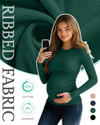 Ficerd 4 Pack Women's Maternity Shirts Cotton Long Sleeve Ribbed Crew Neck Pregnancy Tops Side Ruched Casual Mama Clothes