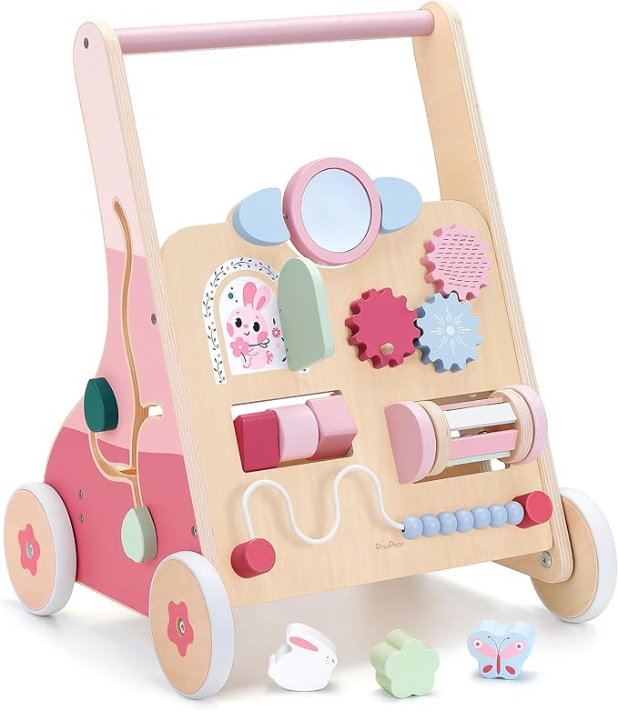 PairPear Wooden Baby Walker Push and Pull Learning Activity Walker, 8-in-1 Montessori Busy Board Push Walker Wooden Activity Center Toys for Boys and Girls 12m+ （Pink Rabbit）