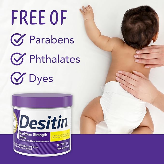 Desitin Maximum Strength Baby Diaper Rash Cream with 40% Zinc Oxide for Treatment, Relief & Prevention, Hypoallergenic, Phthalate- & Paraben-Free Paste, 16 oz (Pack of 2)