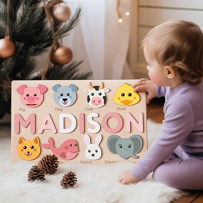 Personalize Name Puzzle for Toddler with Animal, Baby Gift for Girl and Boy 0 1 2 3 Year Old, Personalized Puzzle for Kid, 1 Year Old Kid Gifts, Customized Baby Gift, Educational Name Toy
