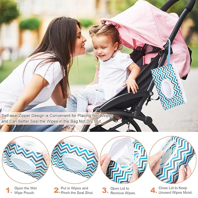 8Pcs Baby Wipes Dispenser, Reusable Baby Wipe Holder Box and Portable Wet Wipes Pouch, Refillable Wipes Pouch Case Container with Lid for Bathroom Baby Nursery Kitchen Office Travel (Grey+Orange)