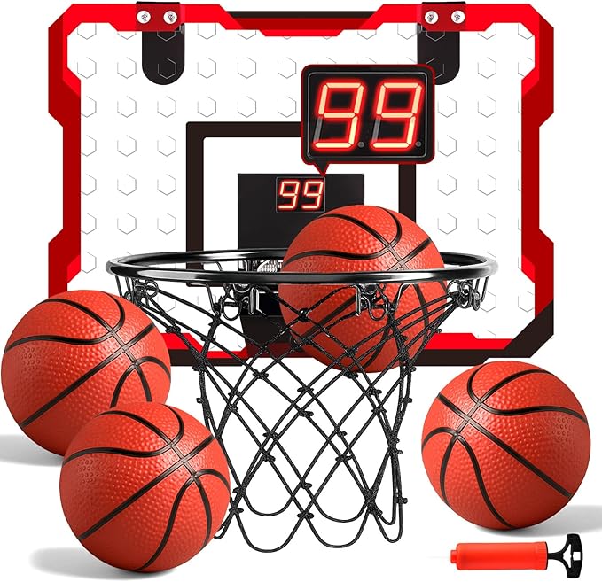 LovesTown Indoor Mini Basketball Hoop for Kids, Basketball Hoops Over The Door with LED Lighting, Mini Hoop with 4 Balls Electronic Scoreboard Toys, Sports Toys Gifts for Boys Girls