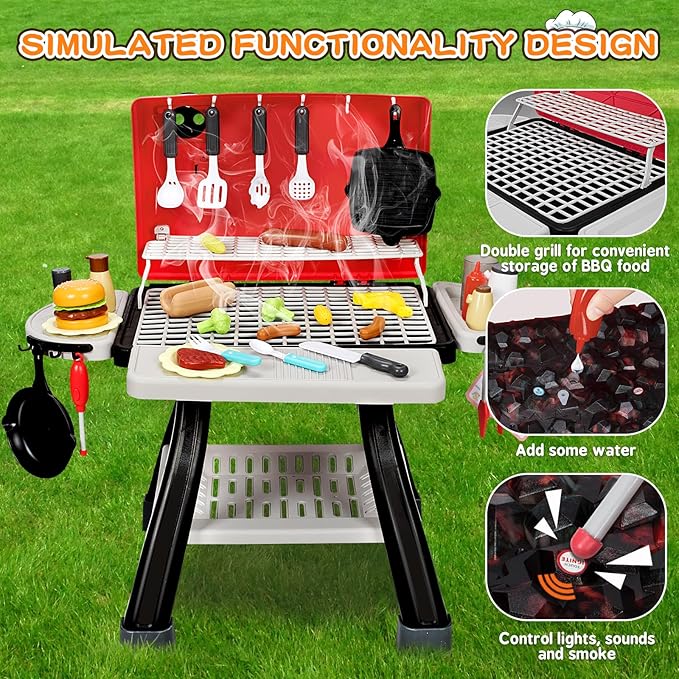 Kids Play Kitchen Toys, Kids BBQ Grill Kitchen Playset with Smoke, Sound & Light, Play Food Toys Cooking Set, 2-Layer Barbecue Outdoor Play Grill Toy Gift for Toddler Boys Girls 3-5