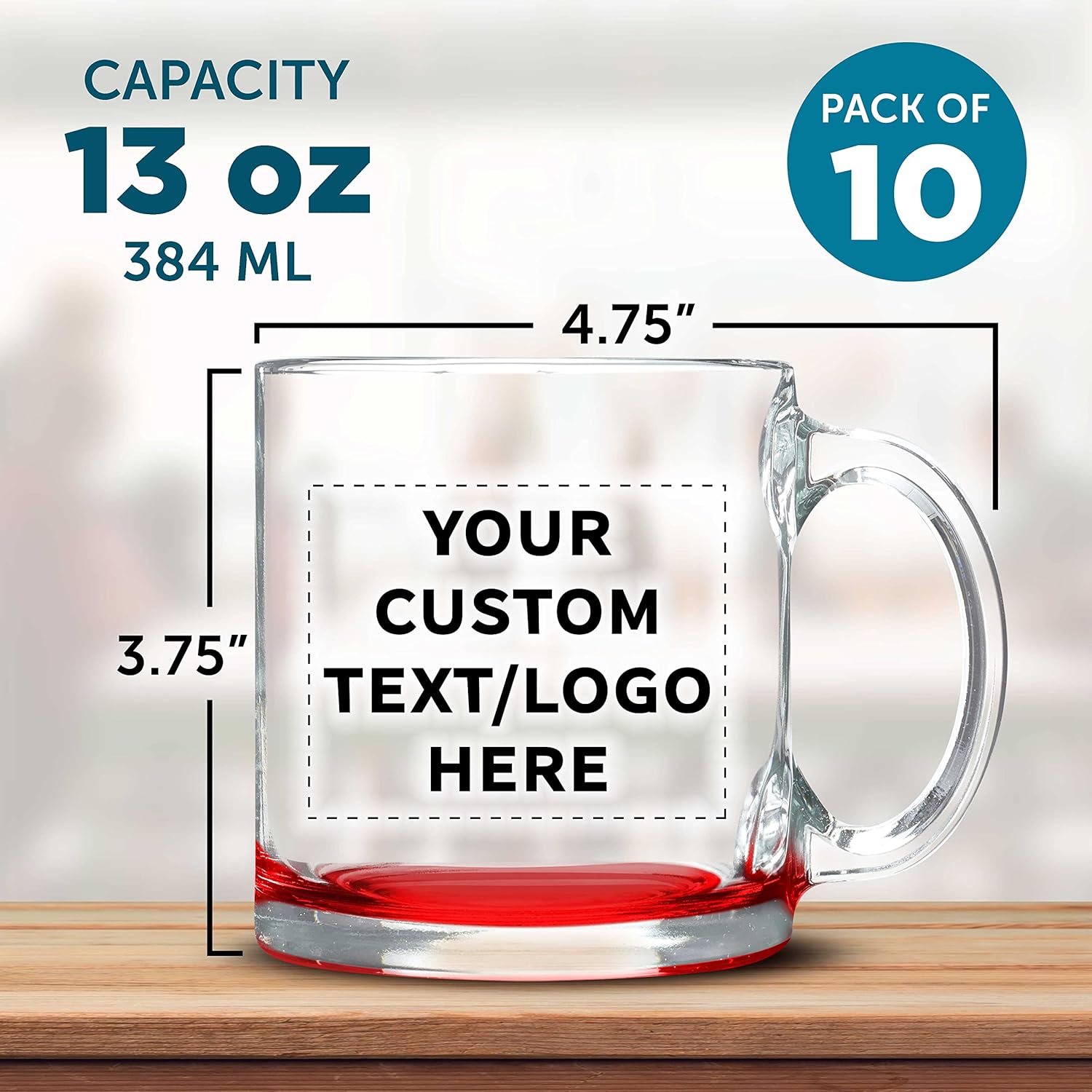 Custom Libbey Clear Glass Coffee Mugs 13 oz. Set of 10, Personalized Bulk Pack - Perfect for Coffee, Tea, Espresso, Hot Cocoa, Other Beverages - Red Bottom