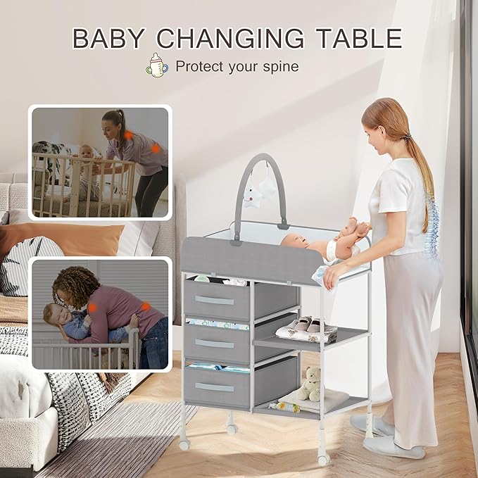 Baby Changing Table, Diaper Changing Table with Waterproof Pad, Portable Changing Table with 3 Storage Baskets and Toy, Mobile Nursery for Infant and Newborn
