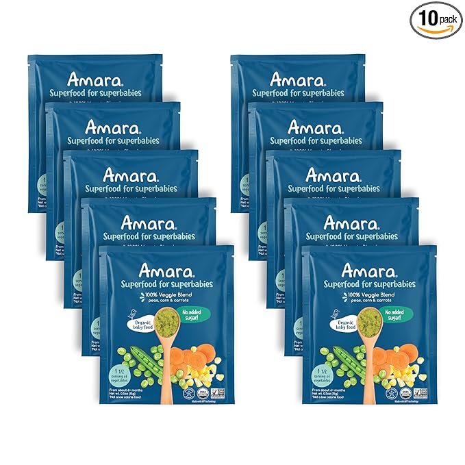 Amara Organic Baby Food - Stage 2 - Peas, Corn & Carrots - Baby Cereal to Mix With Breastmilk, Water or Baby Formula - Shelf Stable Baby Food Pouches Made from 100% Organic Veggies - 10 Pouches, 3.5oz Per Serving