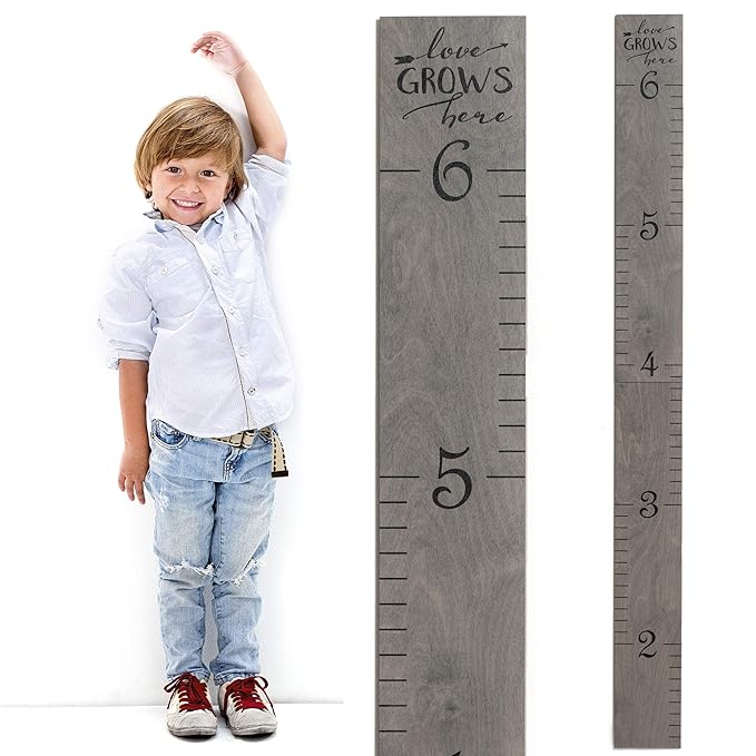 Wooden Growth Chart for Wall - Height Growth Chart for Kids, Kid Height Wall Chart, Height Measurement for Wall, Height Chart for Kids - Love Grows Here, Skinny Grey (63""x5.75"")