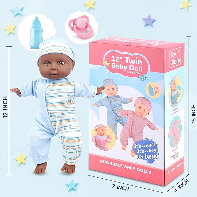 Toy Choi's Twin Baby Dolls - 12 inch Two Soft Black Body Babydoll with Rompers, Hat and Pacifier, Doll Bibs, Dolls Play Set for 2 3 4 5 Year Old Boys and Girls Gift