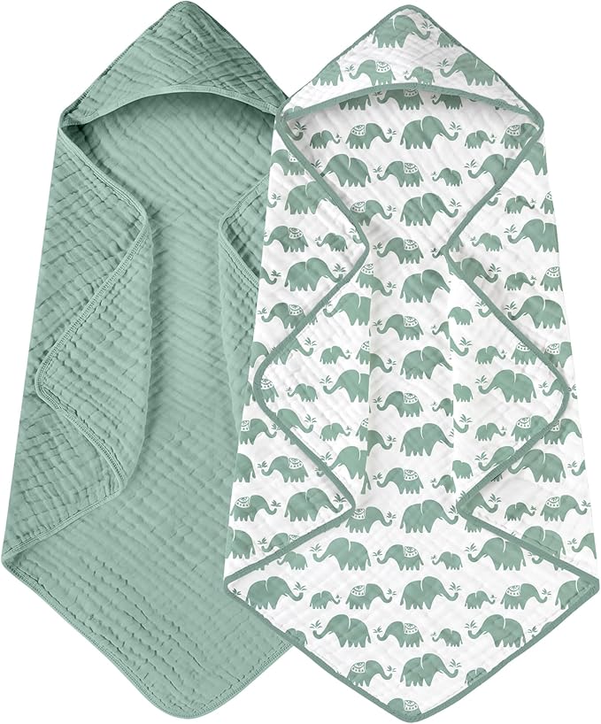 Yoofoss Hooded Baby Towels for Newborn 2 Pack 100% Muslin Organic Cotton Baby Bath Towel with Hood for Babies, Infant, Toddler and Kids, 32x32Inch, Soft and Absorbent Newborn Essential, Green Elephant