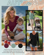 Huukeay 3 Pack Women's Long Sleeve Nursing Tops, Breastfeeding Hidden Zippers Shirts V Neck Maternity Pregnancy Tees Clothes