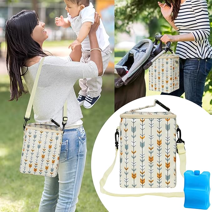 Breastmilk Cooler Bag with Ice Pack Fits 4 Baby Bottles Up to 9 Ounce Insulated Baby Bottle Bag Breast Milk Cooler on The Go with Strap Baby Bottle Cooler Bag for Nursing Mom Daycare or Travel