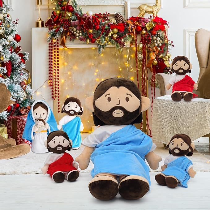 25.6inch Brown Jesus Plush Doll Guardian Baptism Stuffed Plushie Savior Toy Gifts for Church Sunday School Religious Easter Gift (BLUE/25.6inch)