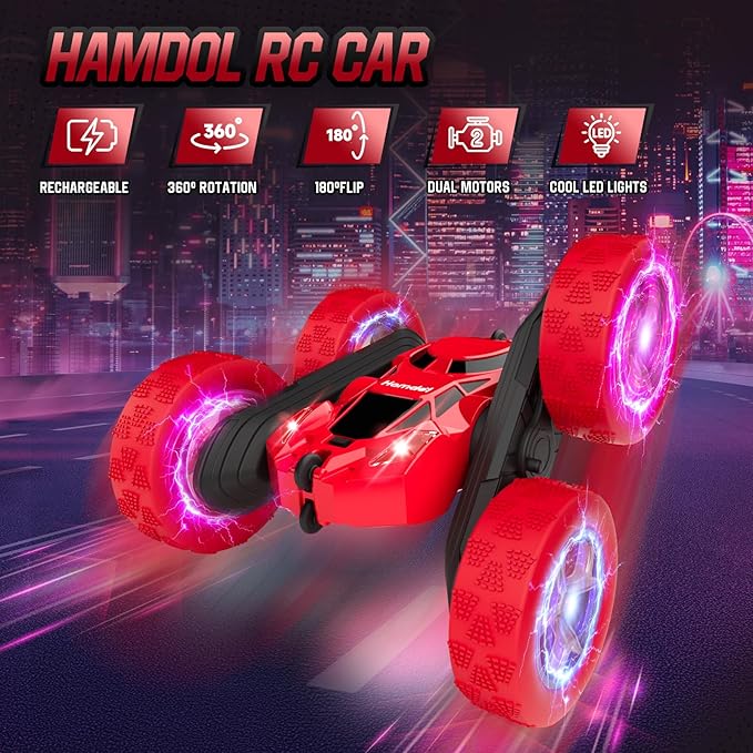 Remote Control Car for Kids Ages 6-12, 4WD RC Stunt Car with LED Lights & 360° Flips, 2.4GHz Fast Electric Toy Vehicle, Upgraded Battery, Birthday for Boys Ages 8-10