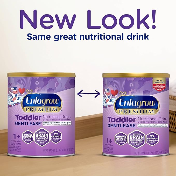 Enfagrow PREMIUM Gentlease Toddler Nutritional Drink, Made with Real Milk, Designed to Ease Fussiness, Gas & Crying, Brain-Building Omega-3, Nutrients for Growth & Immune Support, Powder Can, 29.1 Oz