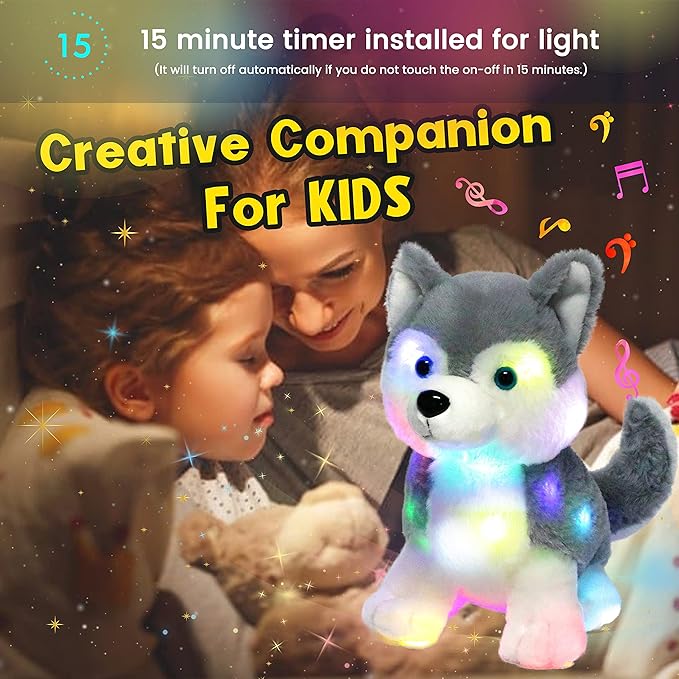 Hopearl LED Musical Stuffed Husky Lighting Up Singing Plush Dog Adjustable Volume Lullaby Animated Soothe Birthday Gifts for Kids Boys Girls, Gray, 12''