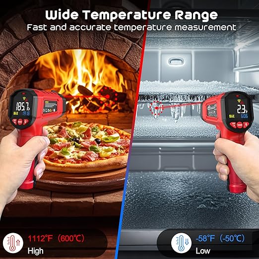 Infrared Thermometer Gun,SQECH Laser Thermometer Gun -58℉～1112℉(-50℃～600℃),Non-Contact Temperature Gun with Adjustable Emissivity&Color Backlight for Cooking, Pizza Oven,BBQ,Fridge,Engine,HVAC(Red)